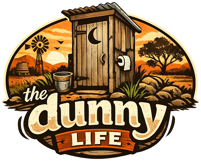 The Dunny Life badge: the dunny against an orange outback sunset.
